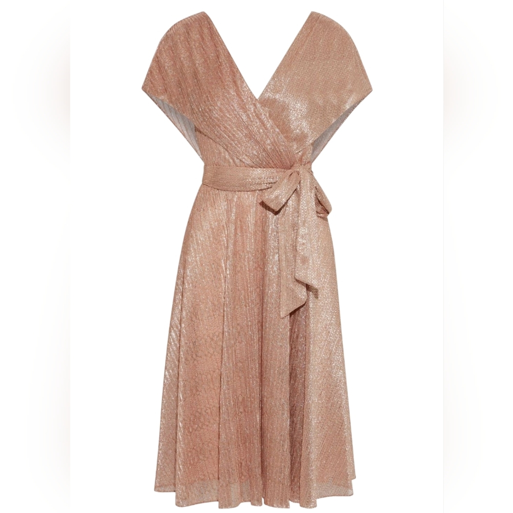 NWT $405 Alice + Olivia Darva Faux Wrap Midi Dress 6 | Rose Gold Lamé Metallic - Picture 3 of 16